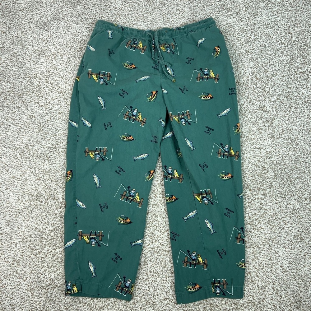 Life Is Good Pants Mens XL Pajama Green Fishing Print Cotton Lounge‎ Sleepwear